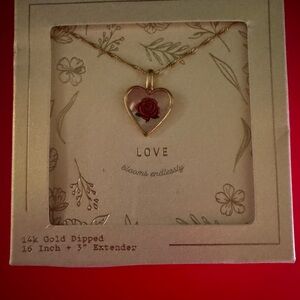 Gold Dipped Heart Necklace with Red Rose Pendant